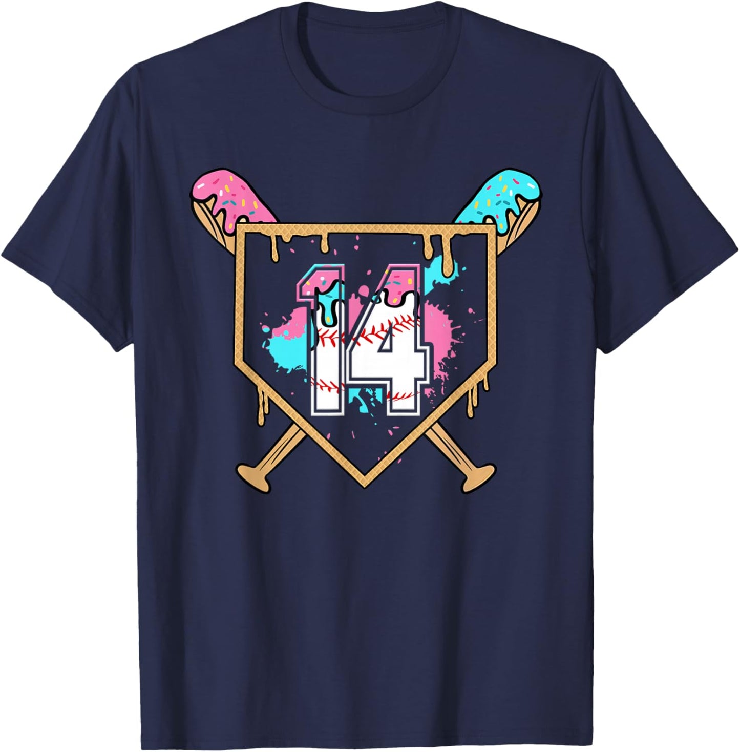 14th Birthday Baseball Bat Ice-Cream Drip 14yrs Old Boys T-Shirt - T-Shirt | Navy