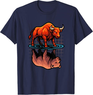 Stock Market Bull Bear Reflection Day Trader Investor T-Shirt - T-Shirt | Navy