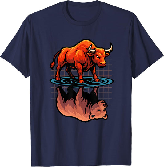 Stock Market Bull Bear Reflection Day Trader Investor T-Shirt - T-Shirt | Navy