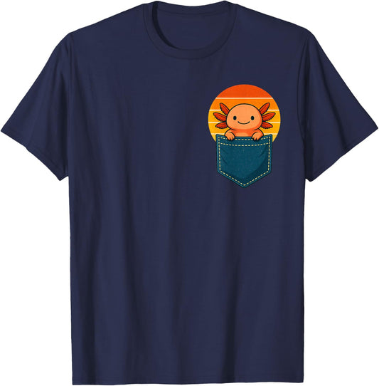 Cute Axolotl in Pocket Funny Apparel Women Teen Kid T-Shirt - T-Shirt | Navy