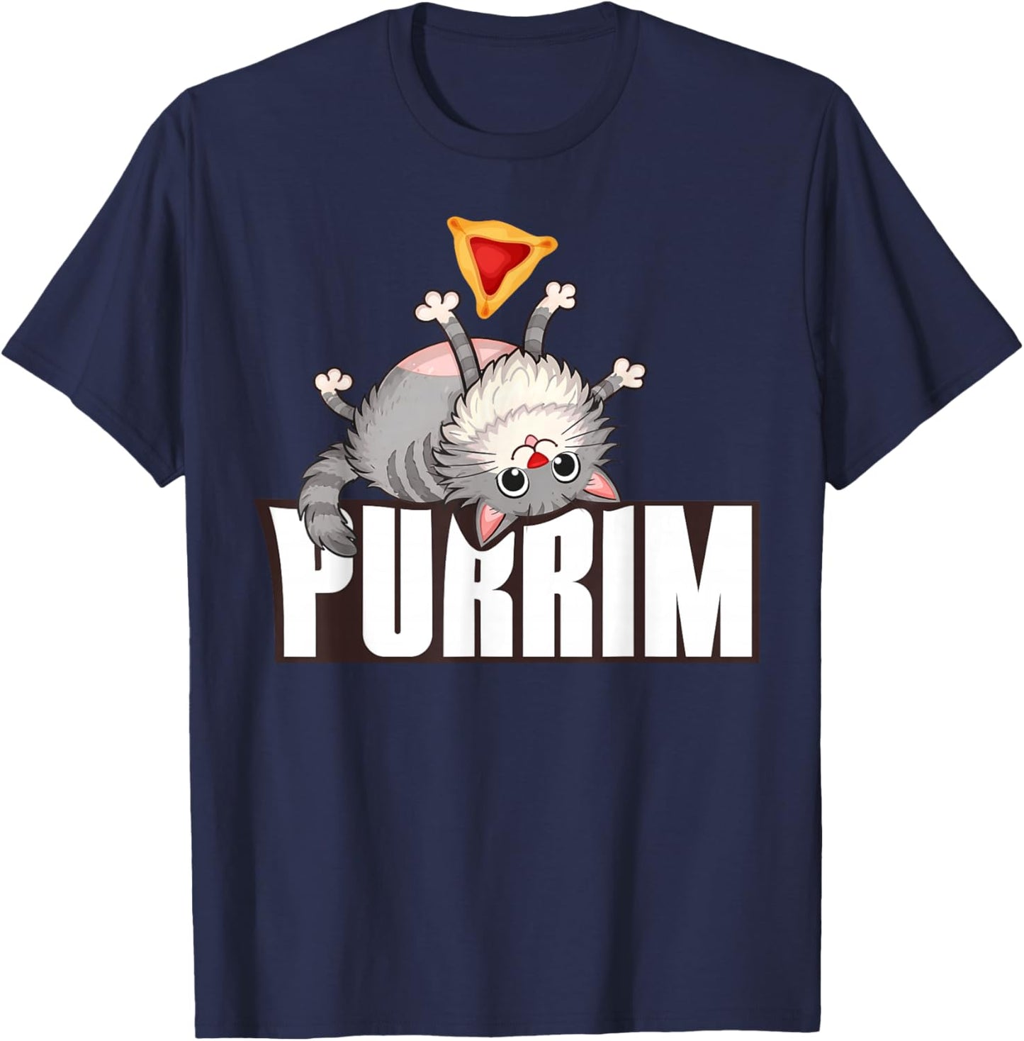Funny Purrim Cat & Hamantash Jewish Holidays Happy Purim T-Shirt - T-Shirt | Navy