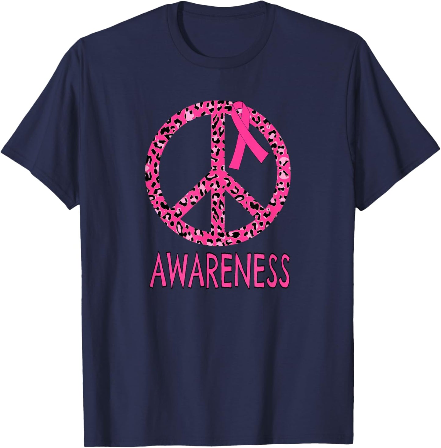 Breast Cancer Peace Sign Pink Leopard Print T-Shirt - T-Shirt | Navy
