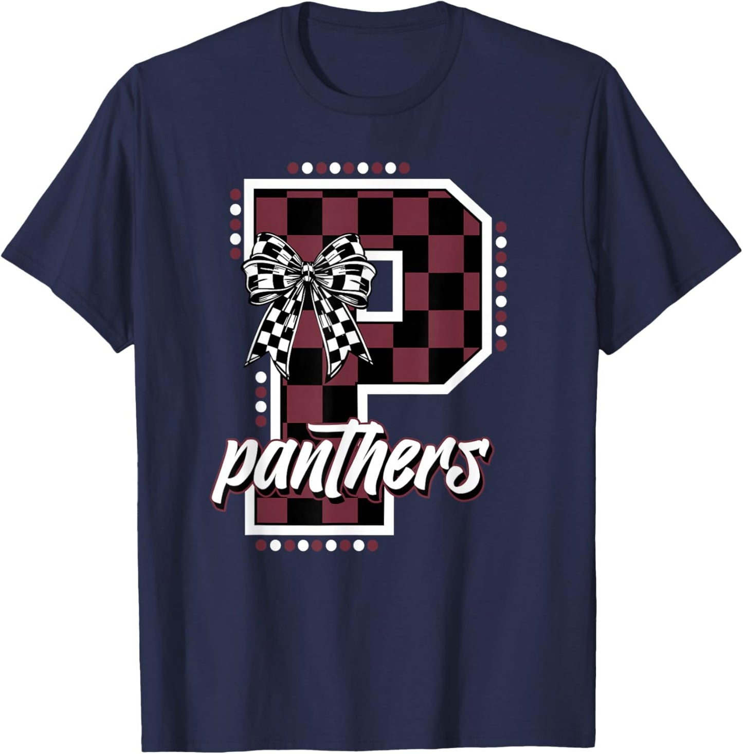 Panthers Checkered Print Maroon Panther Pride School Spirit T-Shirt - T-Shirt | Navy