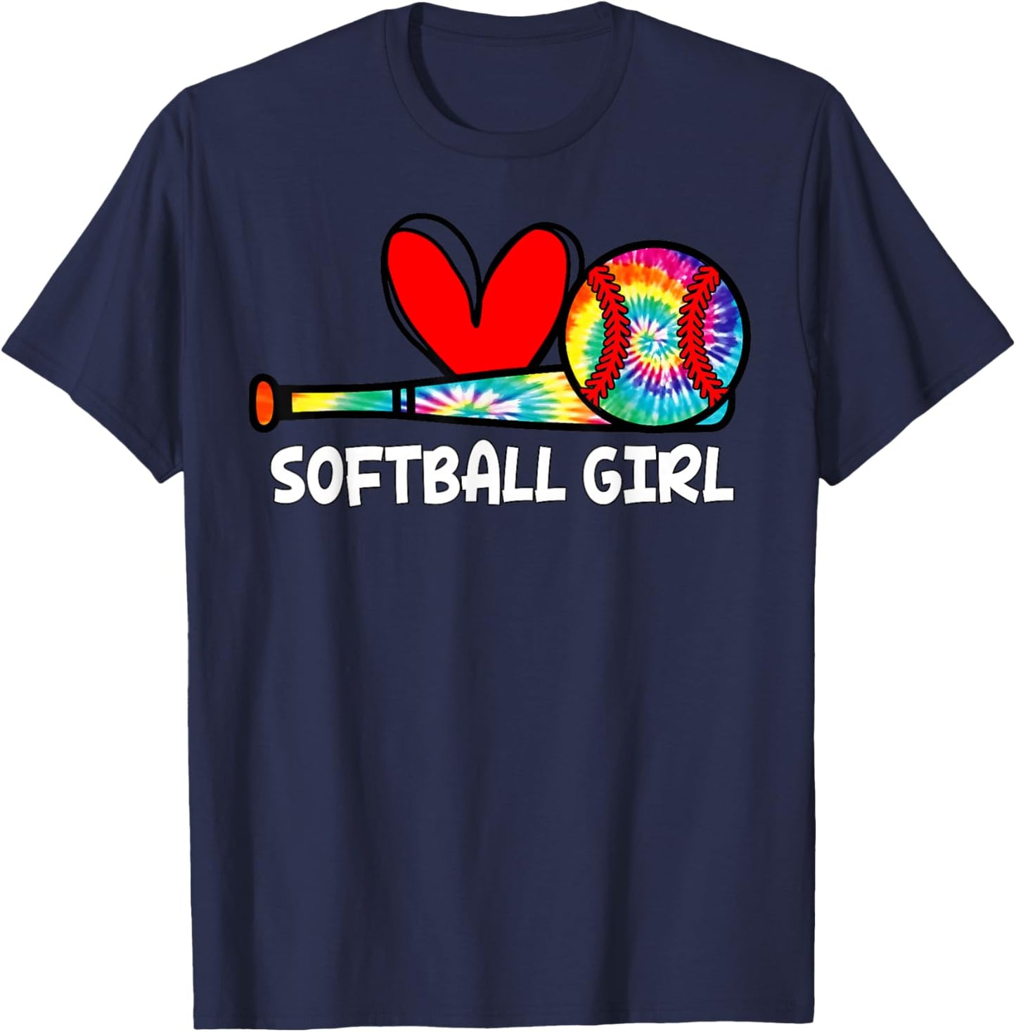 Softball Girl Tie Dye Heart Ball Cute Girls Softball T-Shirt - T-Shirt | Navy