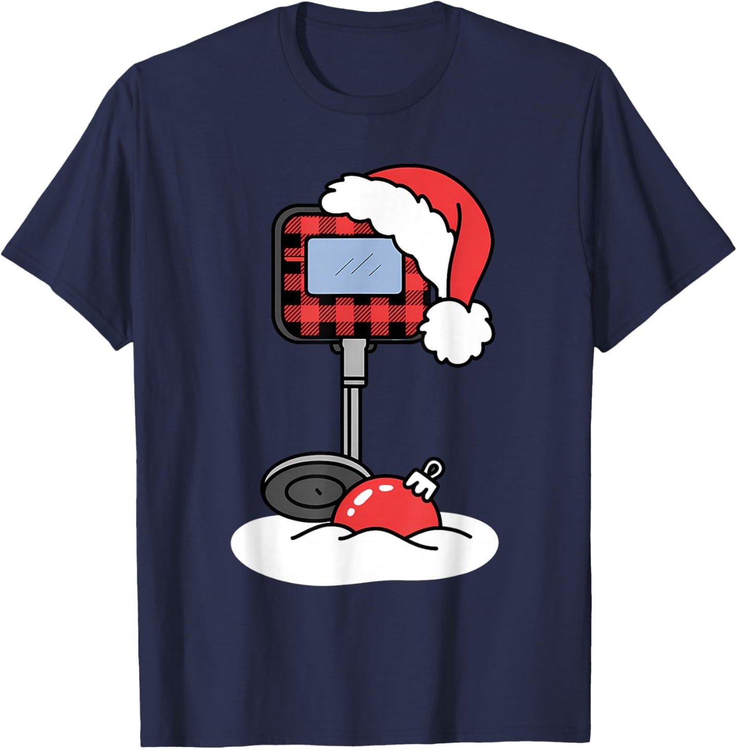 Christmas Buffalo Plaid Metal Detector with Santa Hat T-Shirt - T-Shirt | Navy