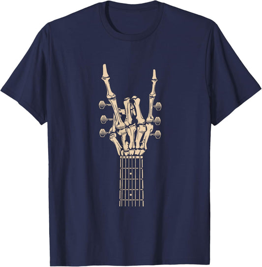 Rock Guitar Skeleton Hand Halloween Guitarist Spooky Season T-Shirt - T-Shirt | Navy
