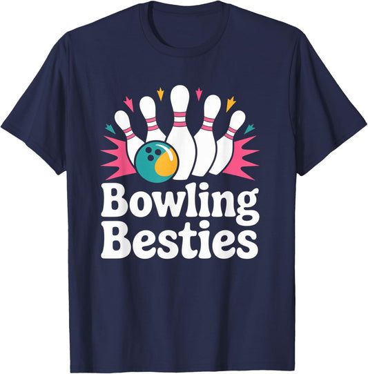 Bowling Besties Fun Cute Women's Ten Pin Bowlers T-Shirt - T-Shirt | Navy