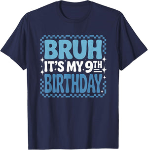 9th Birthday Bruh Blue Checkered Trendy Birthday Boy T-Shirt - T-Shirt | Navy