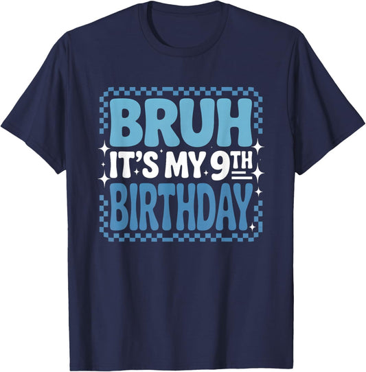 9th Birthday Bruh Blue Checkered Trendy Birthday Boy T-Shirt - T-Shirt | Navy