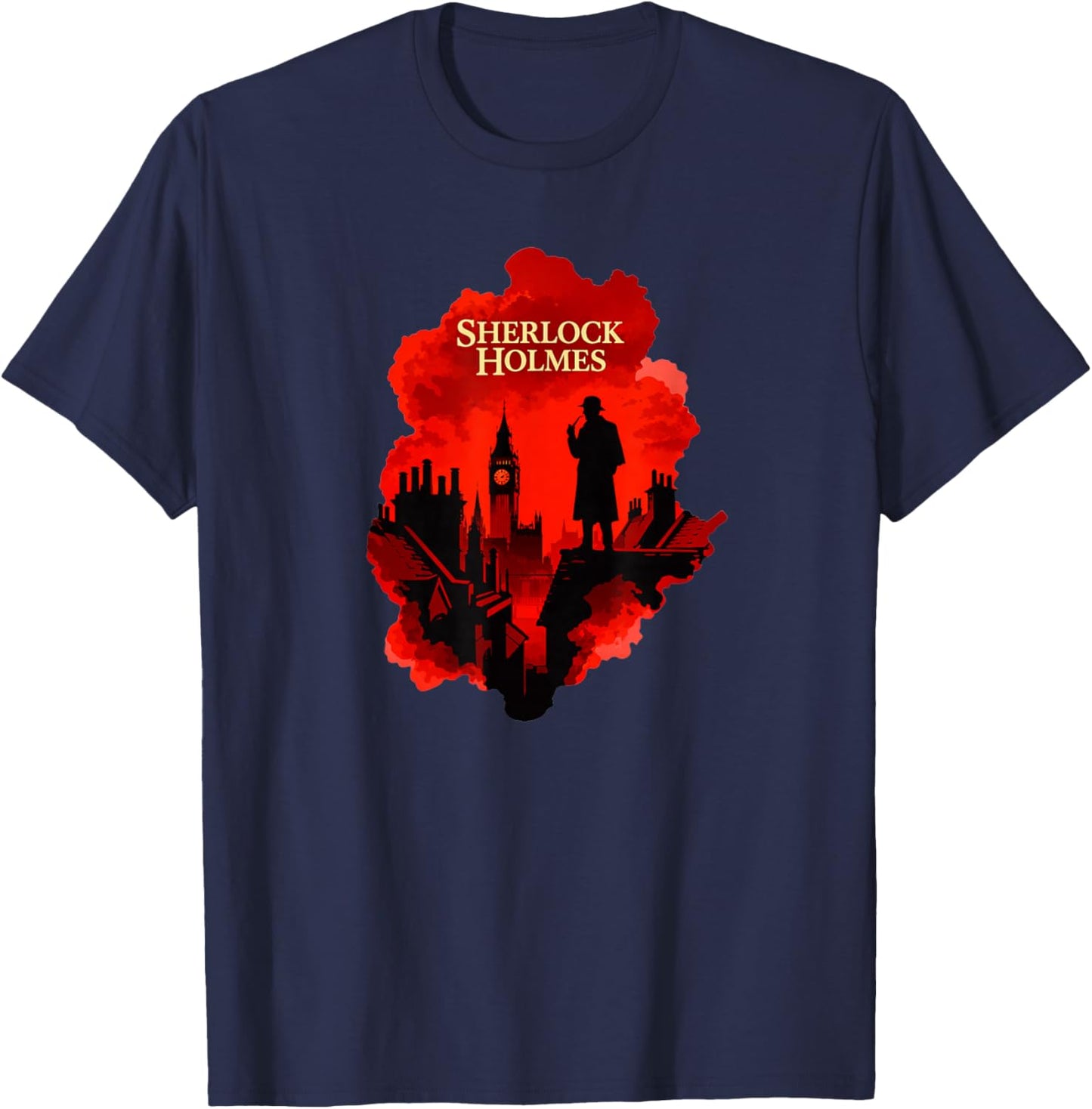 Sherlock Holmes London Silhouette Detective Art Design T-Shirt - T-Shirt | Navy