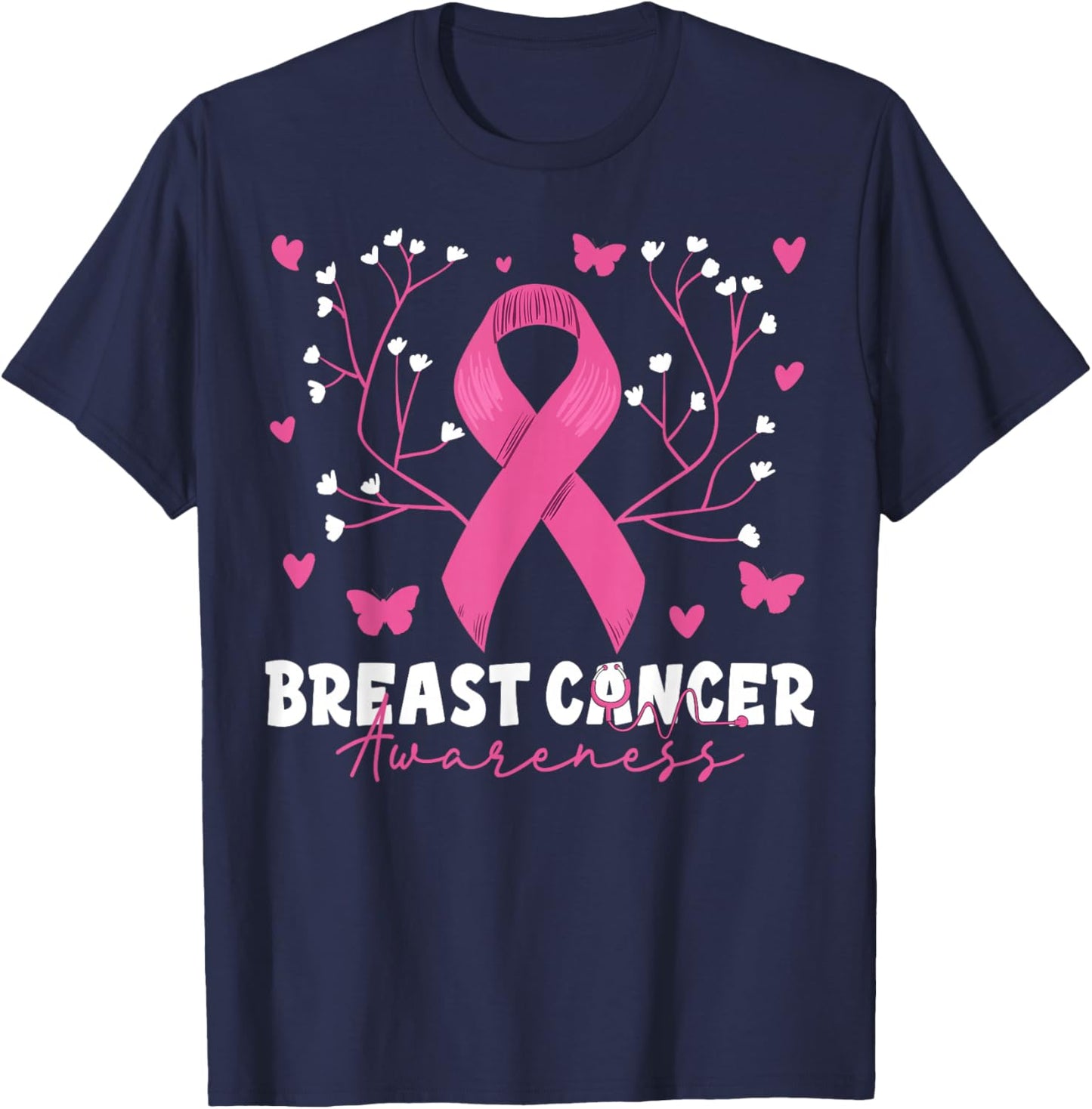 Breast Cancer Awareness Pink Stethoscope Nurse Medical Women T-Shirt - T-Shirt | Navy