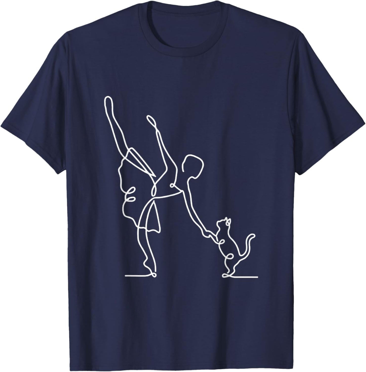 Minimalist Ballerina and Cat Line Art Ballet Dancer Pet Love T-Shirt - T-Shirt | Navy
