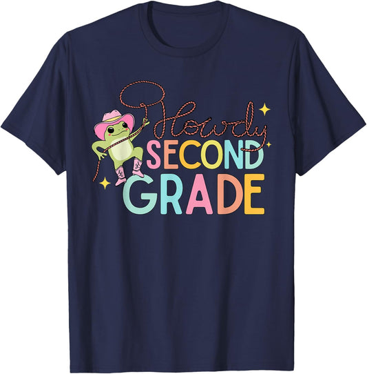 Cowboy Frog Howdy Second Grade Western Teacher Student T-Shirt - T-Shirt | Navy