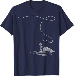 Fly Fishing Lover Line Art Fishrod Fly Rod Angling Fisherman T-Shirt - T-Shirt | Navy