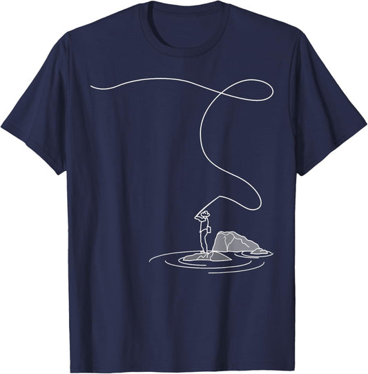 Fly Fishing Lover Line Art Fishrod Fly Rod Angling Fisherman T-Shirt - T-Shirt | Navy