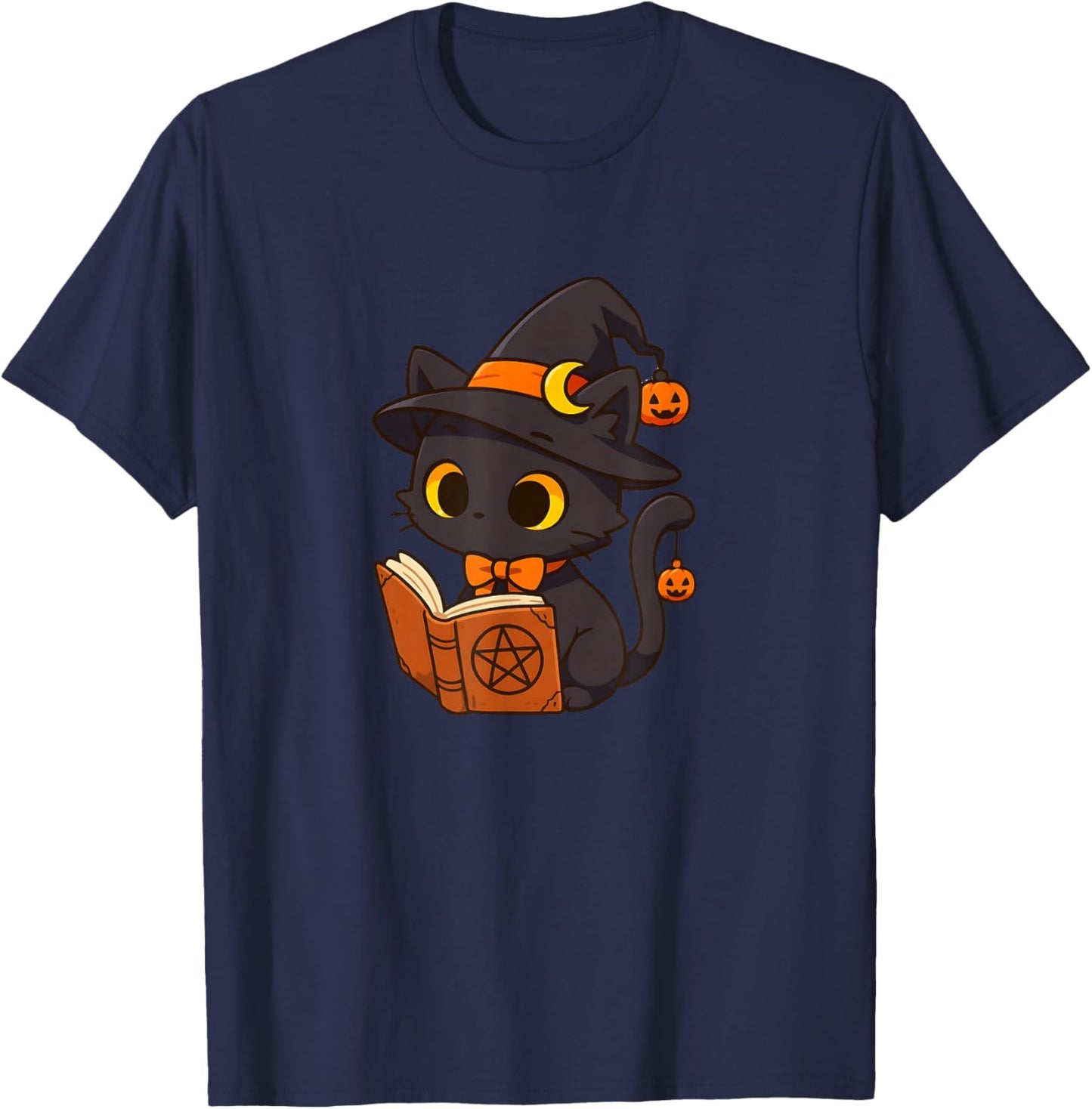 Cute Black Witch Cat Reading Spells Book Kawaii Halloween T-Shirt - T-Shirt | Navy