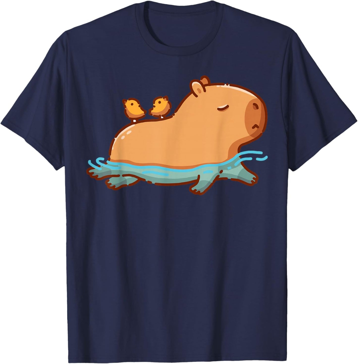 Cute Swimming Capybara with Birds Funny Animal Cartoon T-Shirt - T-Shirt | Navy