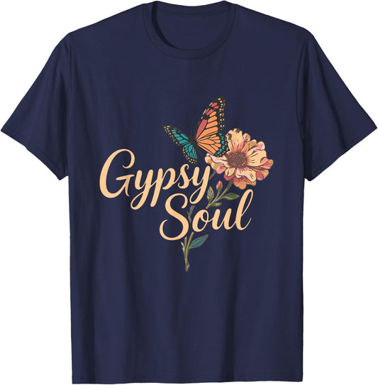Gypsy Soul Vintage Flowers Butterfly Hippie Flowerpower T-Shirt - T-Shirt | Navy