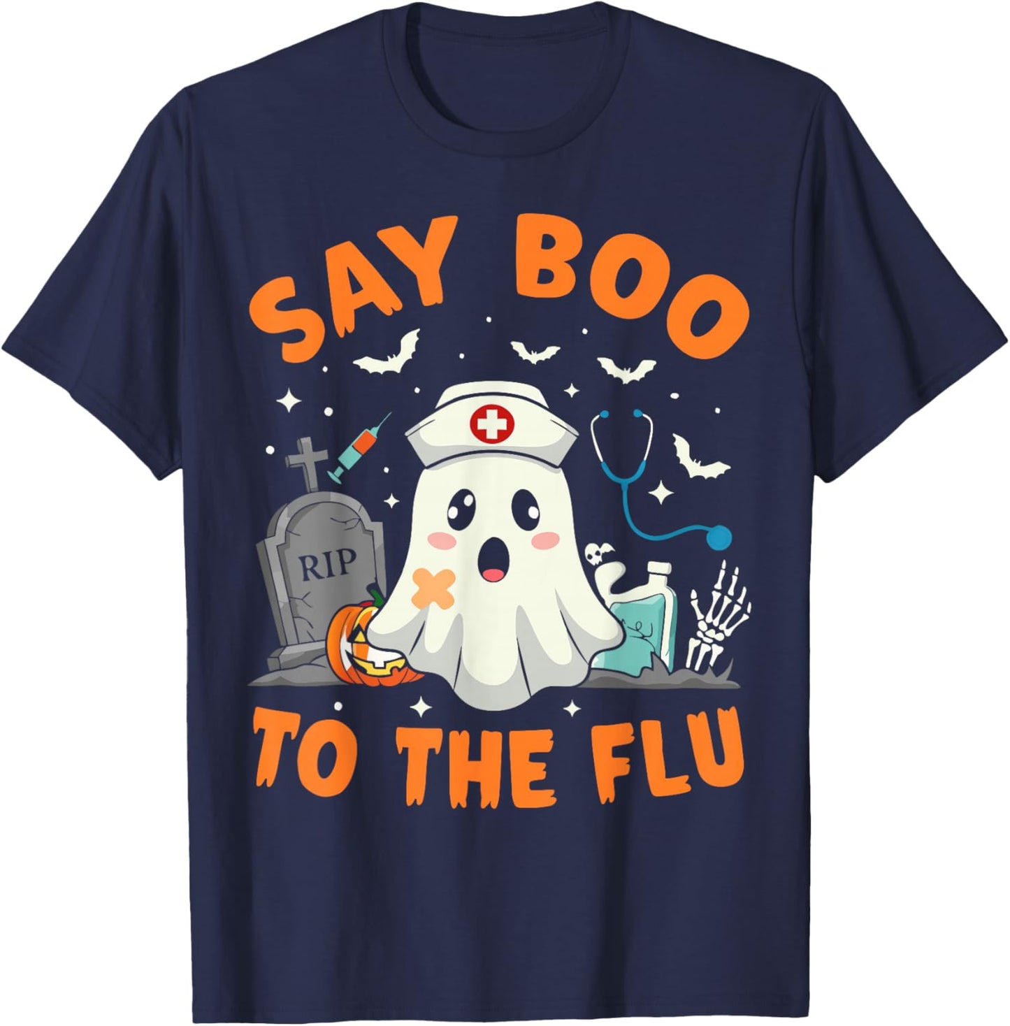 Funny Ghost Pharmacist Halloween Vaccine Say Boo to The Flu T-Shirt - T-Shirt | Navy