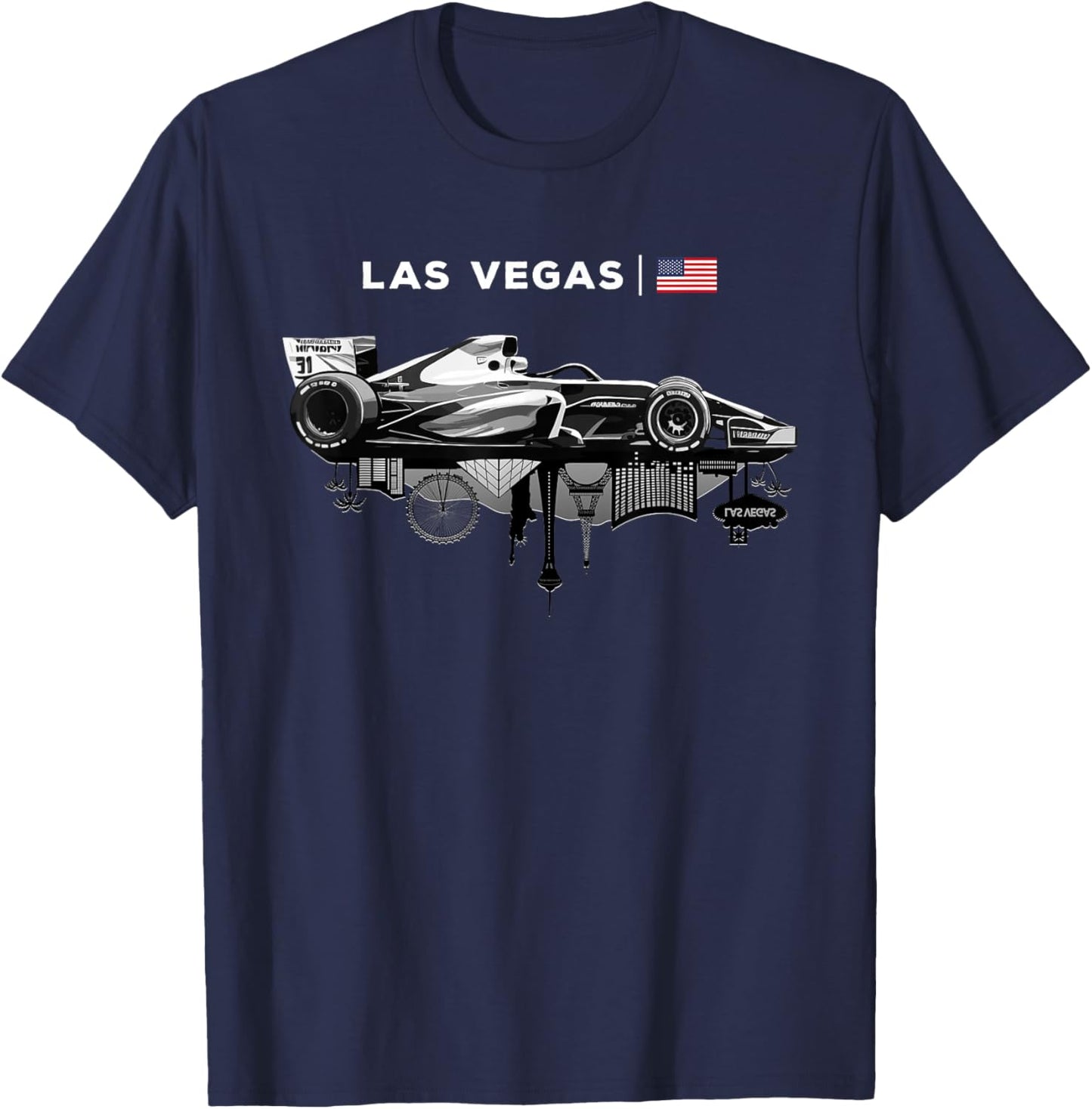 Las Vegas Racing Car Silhouette USA Flag T-Shirt - T-Shirt | Navy