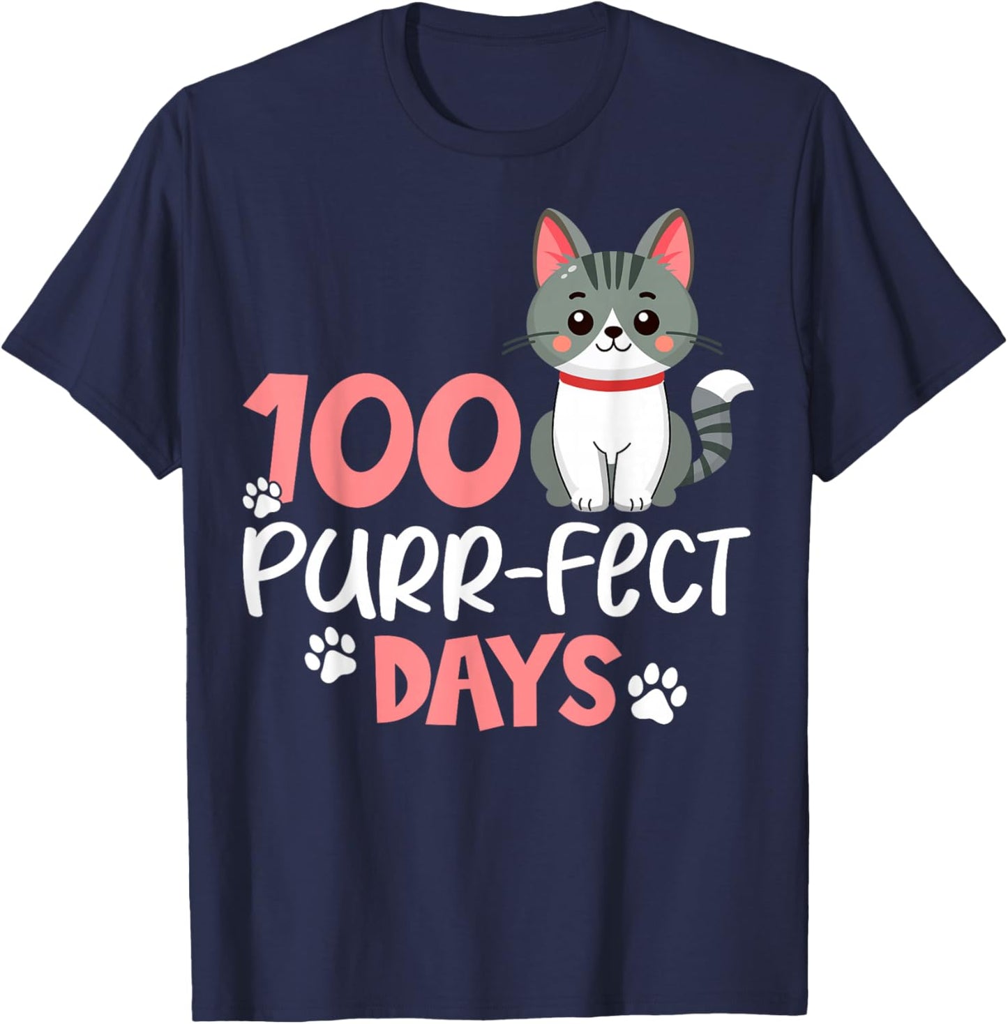 100 Purrfect Days Cat Lover 100th Days of School T-Shirt - T-Shirt | Navy