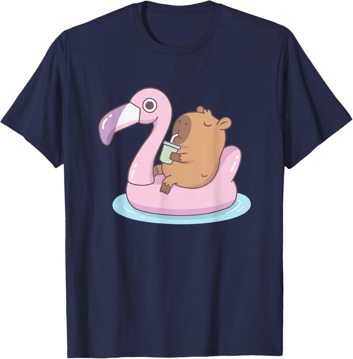 Cute Capybara Floating Flamingo Pool Summer Cartoon T-Shirt - T-Shirt | Navy