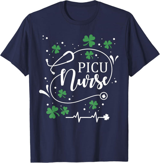 St Patrick's Day PICU Nurse Irish Shamrock St Paddy T-Shirt - T-Shirt | Navy