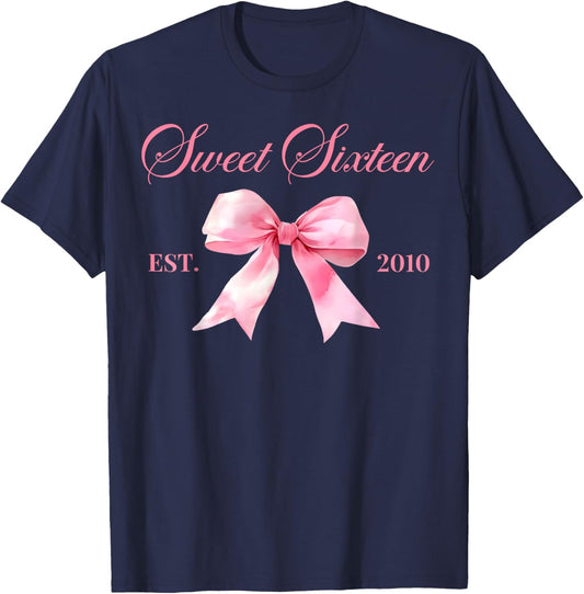 Sweet 16th Birthday Coquette Bow Party 16 Year Old Girl T-Shirt - T-Shirt | Navy