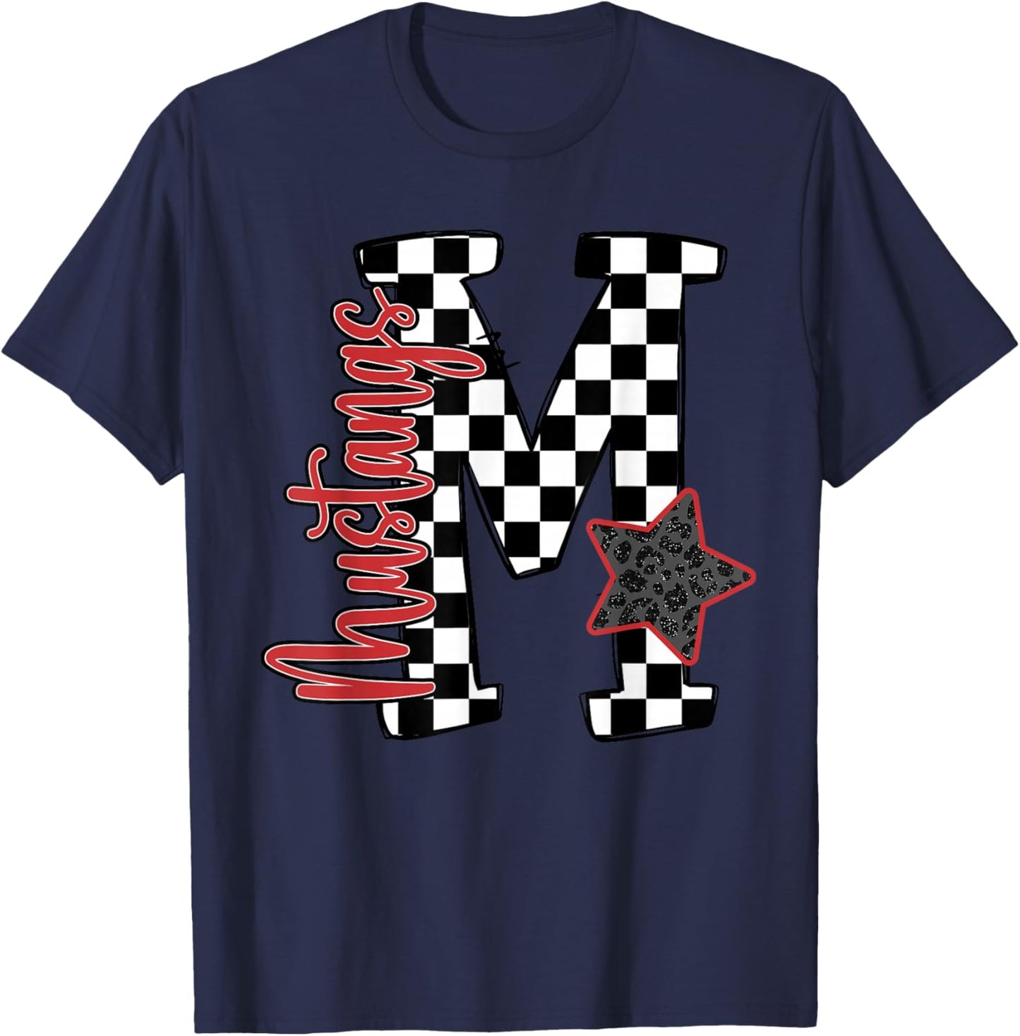 Red Mustangs Checkered Print Star School Spirit Mascot T-Shirt - T-Shirt | Navy