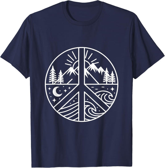 Hippie Peace Sign Hiking Nature Mountain Ocean Minimalist T-Shirt - T-Shirt | Navy