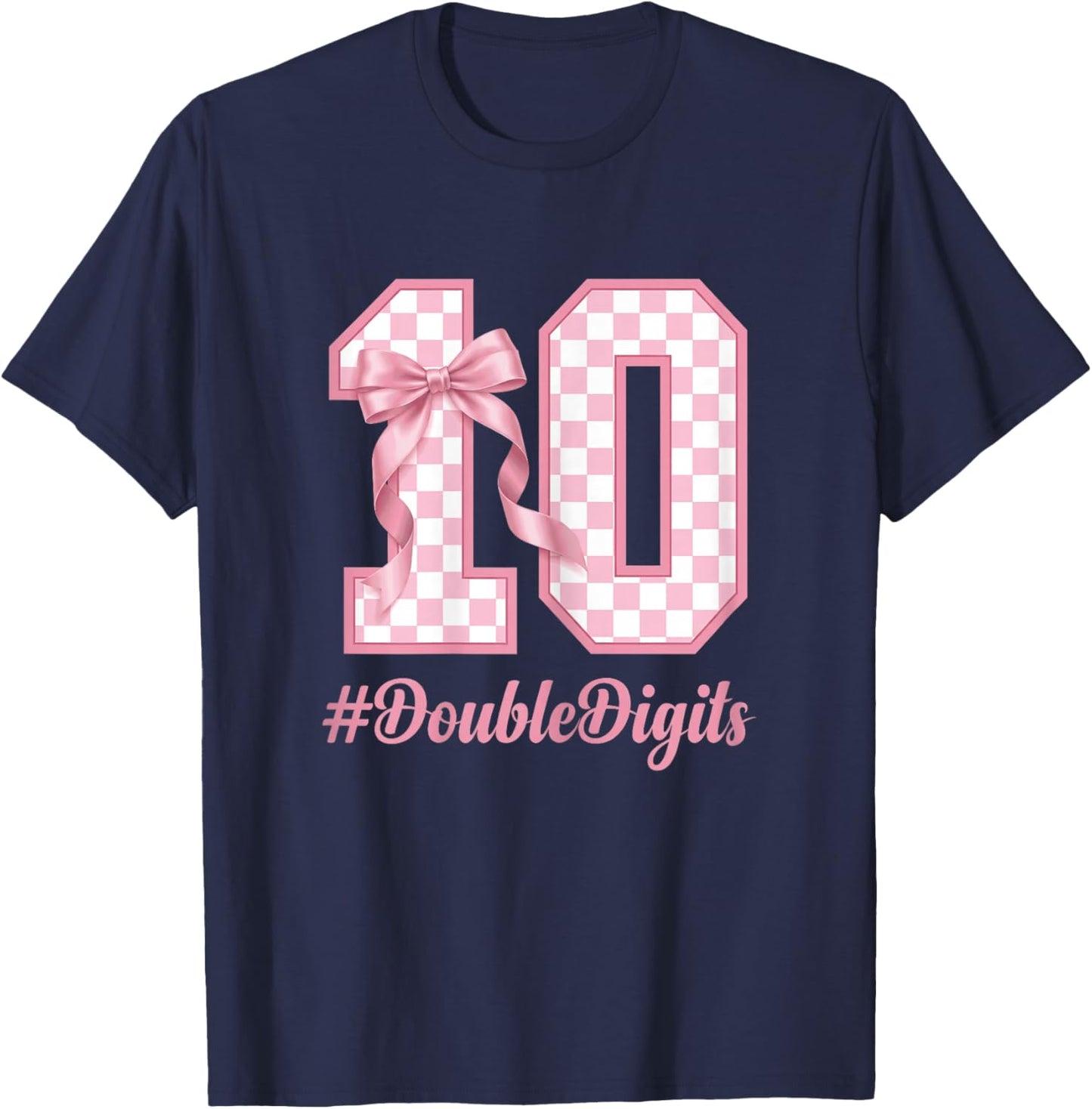 Cute Bow Pink Checkered 10th Birthday Coquette Girl T-Shirt - T-Shirt | Navy