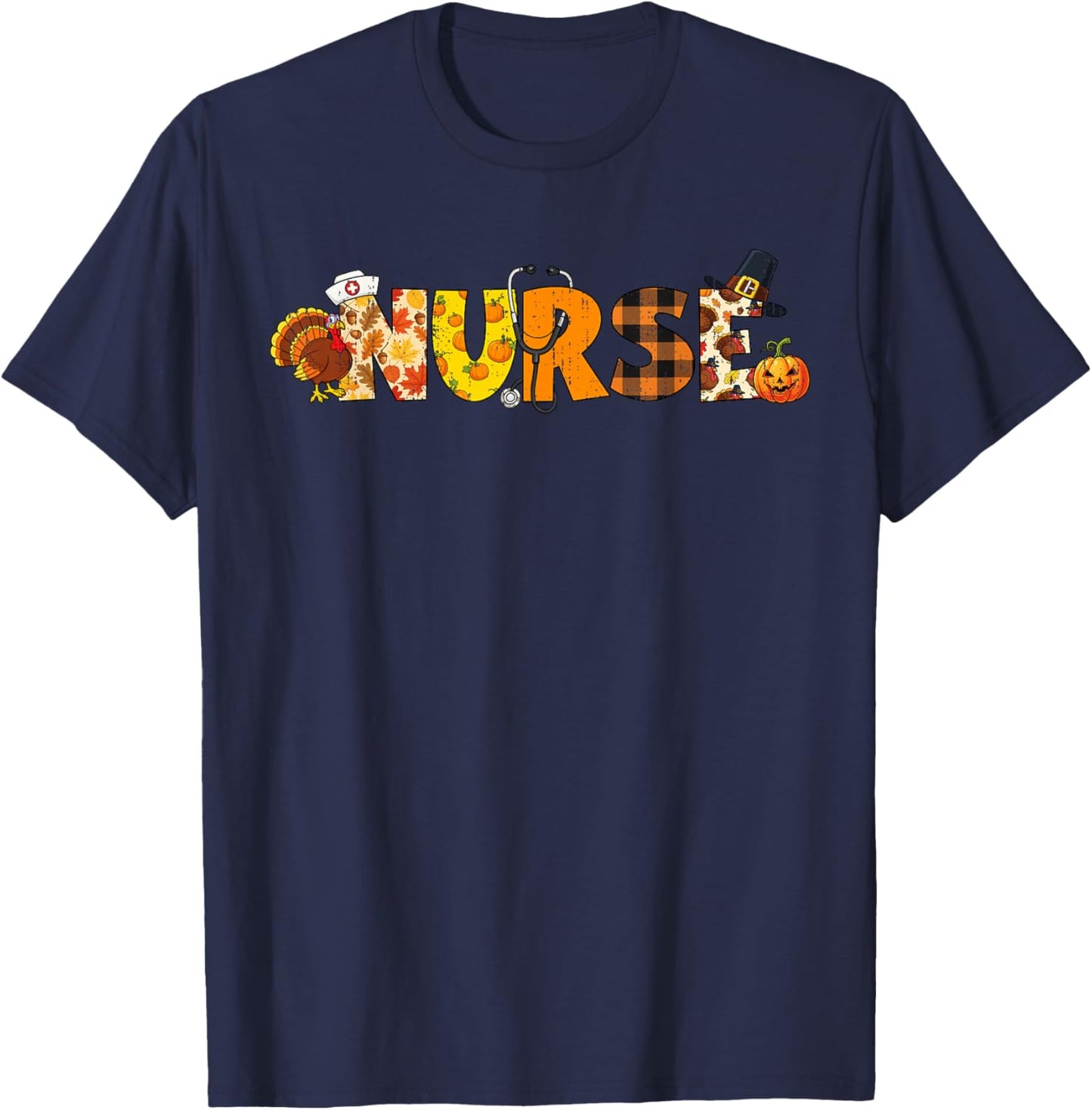 Funny Nurse Turkey Fall Thanksgiving Scrub Top RN ICU ER T-Shirt - T-Shirt | Navy