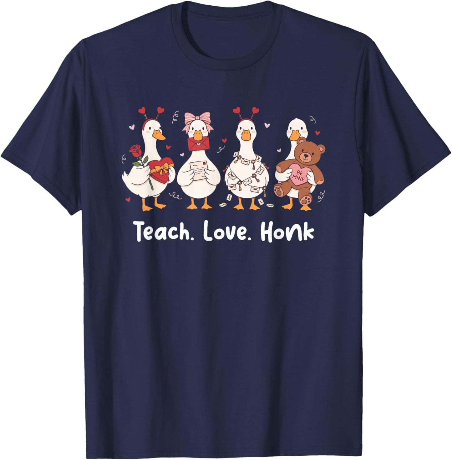 Teach Love Honk Goose Valentine Teacher Valentine Day T-Shirt - T-Shirt | Navy