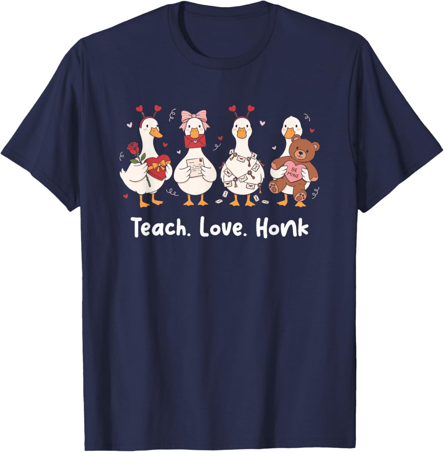 Teach Love Honk Goose Valentine Teacher Valentine Day T-Shirt - T-Shirt | Navy