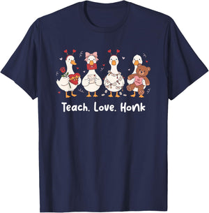 Teach Love Honk Goose Valentine Teacher Valentine Day T-Shirt - T-Shirt | Navy