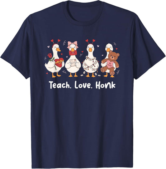 Teach Love Honk Goose Valentine Teacher Valentine Day T-Shirt - T-Shirt | Navy