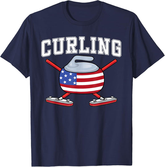 Winter Ice Sports US Curler Broom American Flag Curling Fan T-Shirt - T-Shirt | Navy