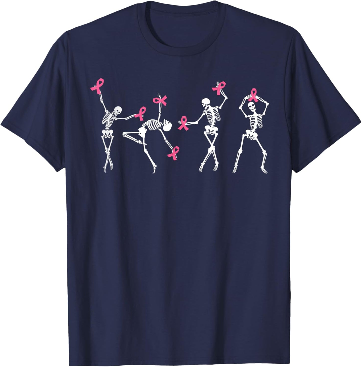 Skeleton Dancing Pink Ribbon Breast Cancer Awareness Support T-Shirt - T-Shirt | Navy