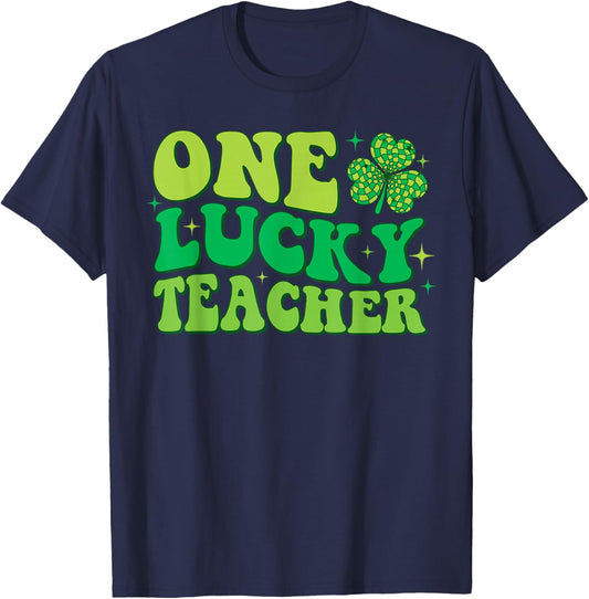 Groovy One Lucky Teacher St Patricks Day Irish Shamrock T-Shirt - T-Shirt | Navy