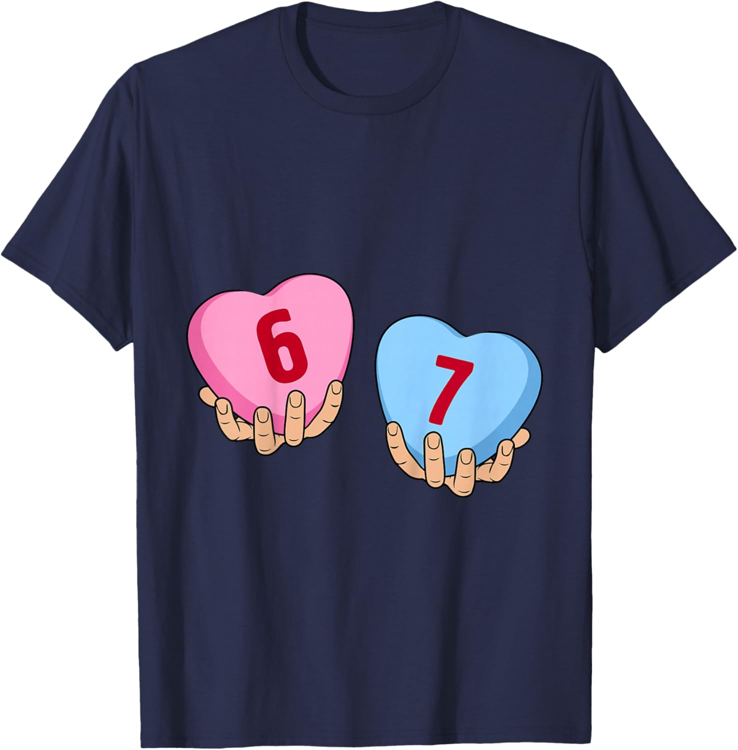Kids Hands Holding 6 7 Hearts Funny Valentine's Day Giant Candy T-Shirt - T-Shirt | Navy