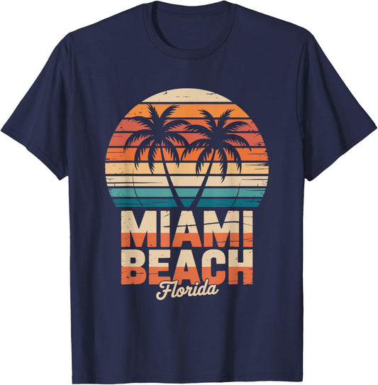 Miami Beach Florida Retro Sunset Scene Vintage Women Men Kid T-Shirt - T-Shirt | Navy
