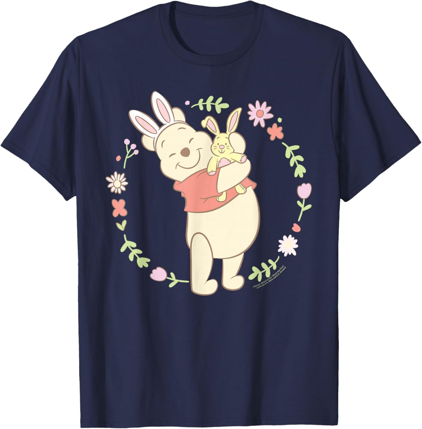 Disney Winnie The Pooh Easter Bunny Hug Pastel Spring Flower T-Shirt - T-Shirt | Navy