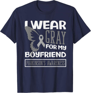 I Wear Gray for My Boyfriend Butterfly Parkinson’s Awareness T-Shirt - T-Shirt | Navy
