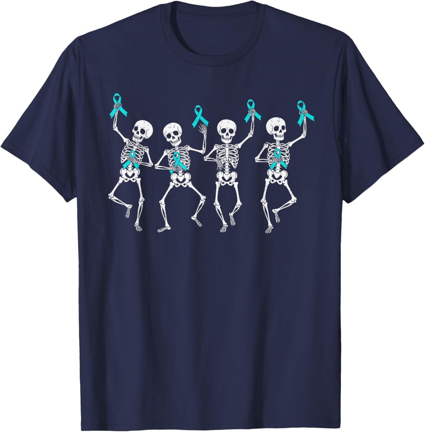 Cervical Cancer Awareness Skeleton Ribbon Teal Men Boys Kids T-Shirt - T-Shirt | Navy