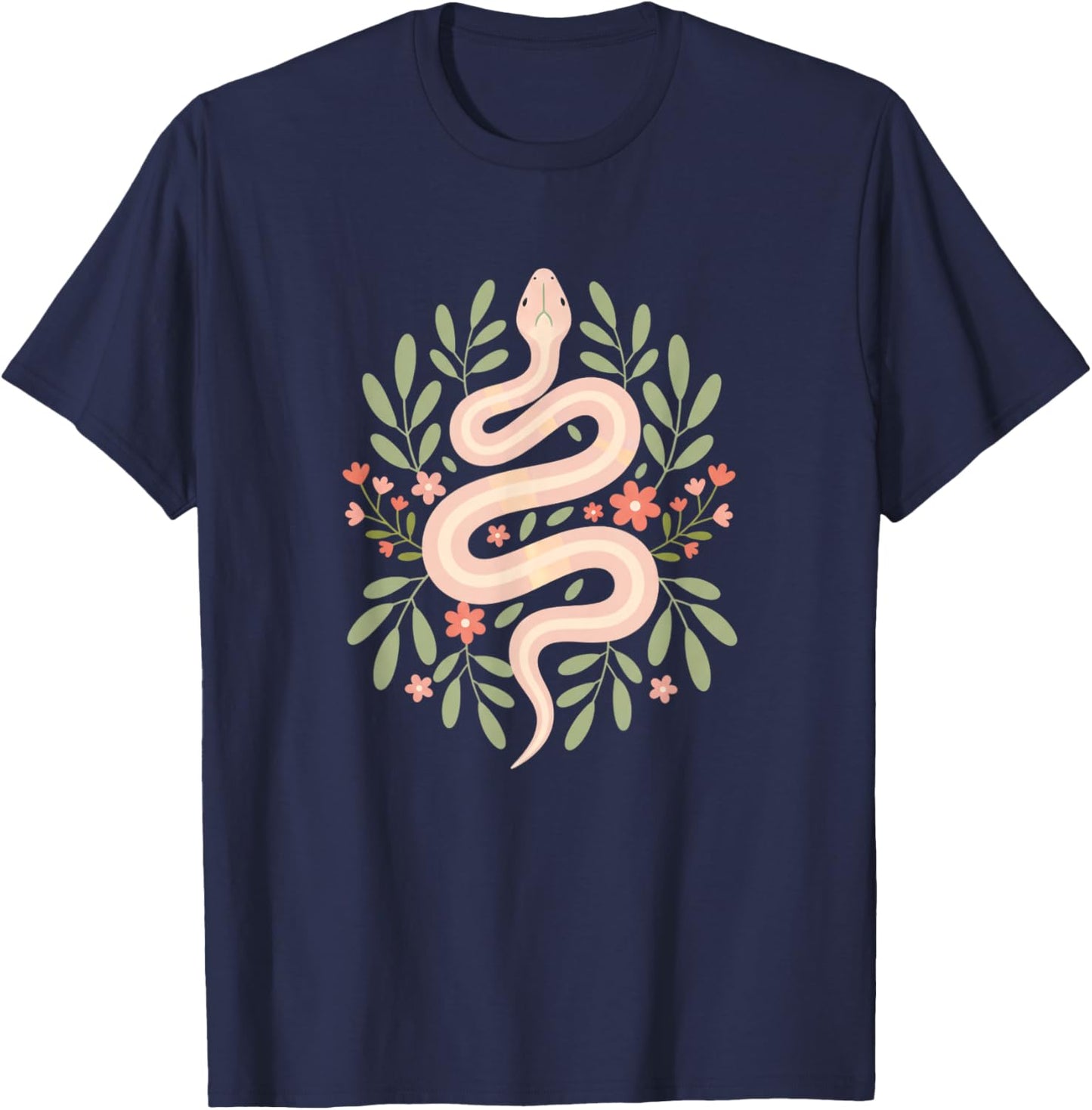 Pink Snake Surrounded by Flowers Kids Serpent Floral Design T-Shirt - T-Shirt | Navy