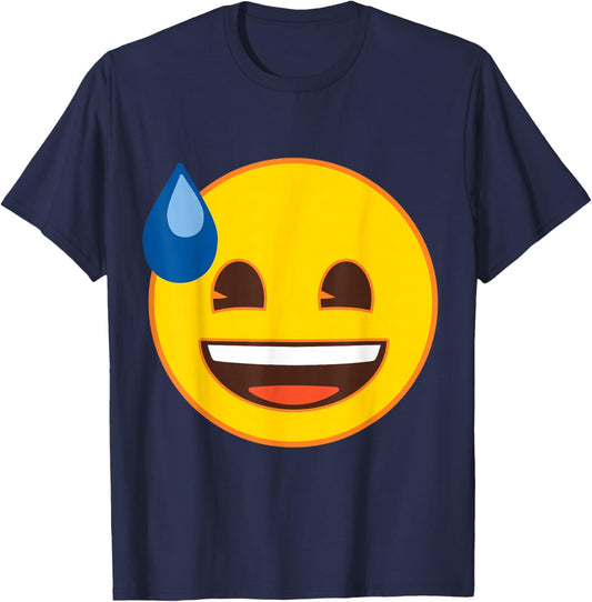 Official Emoji Sweat Laughing Yellow Smile Face T-Shirt - T-Shirt | Navy