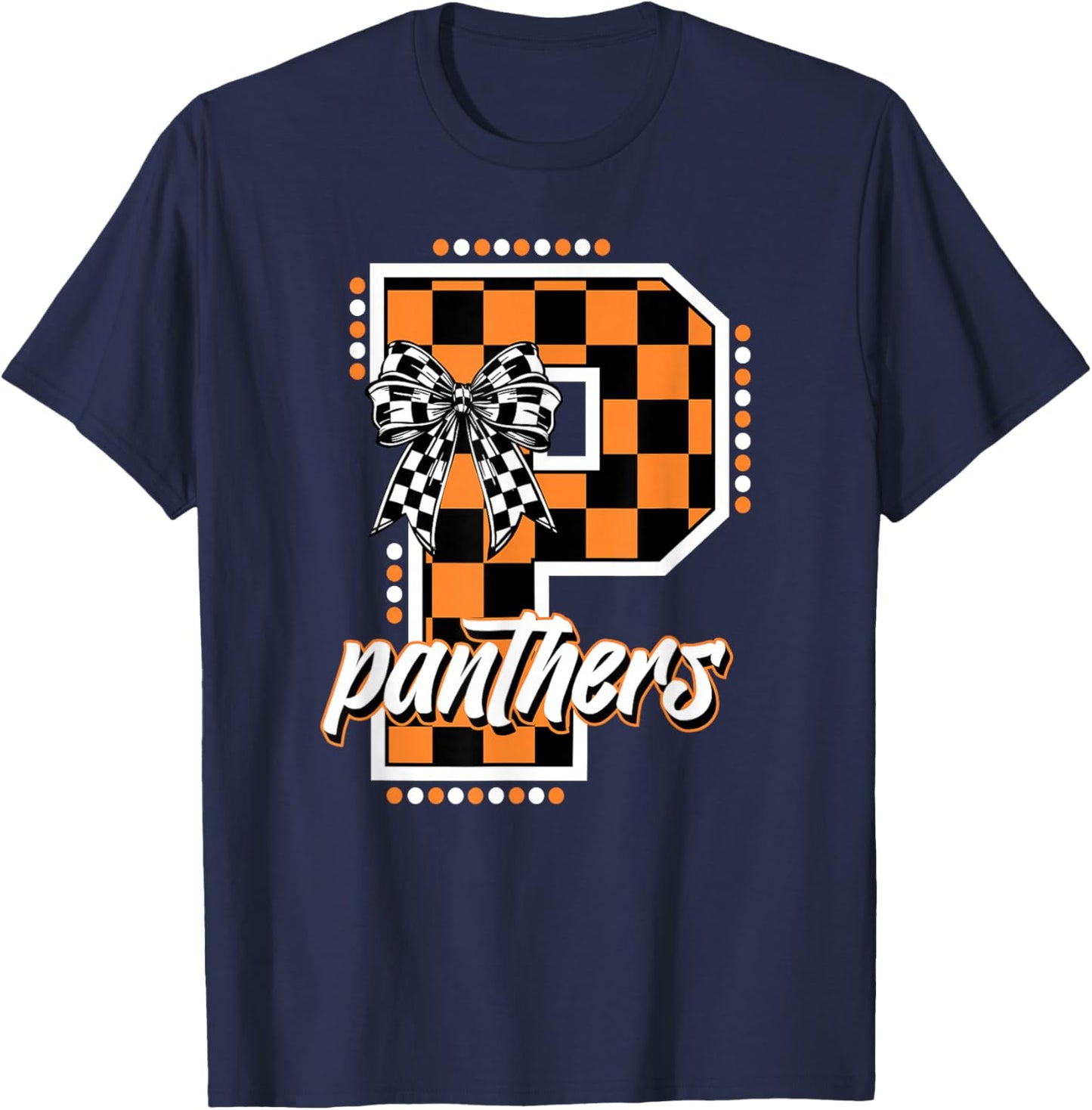 Panthers Checkered Print Orange Panther Pride School Spirit T-Shirt - T-Shirt | Navy