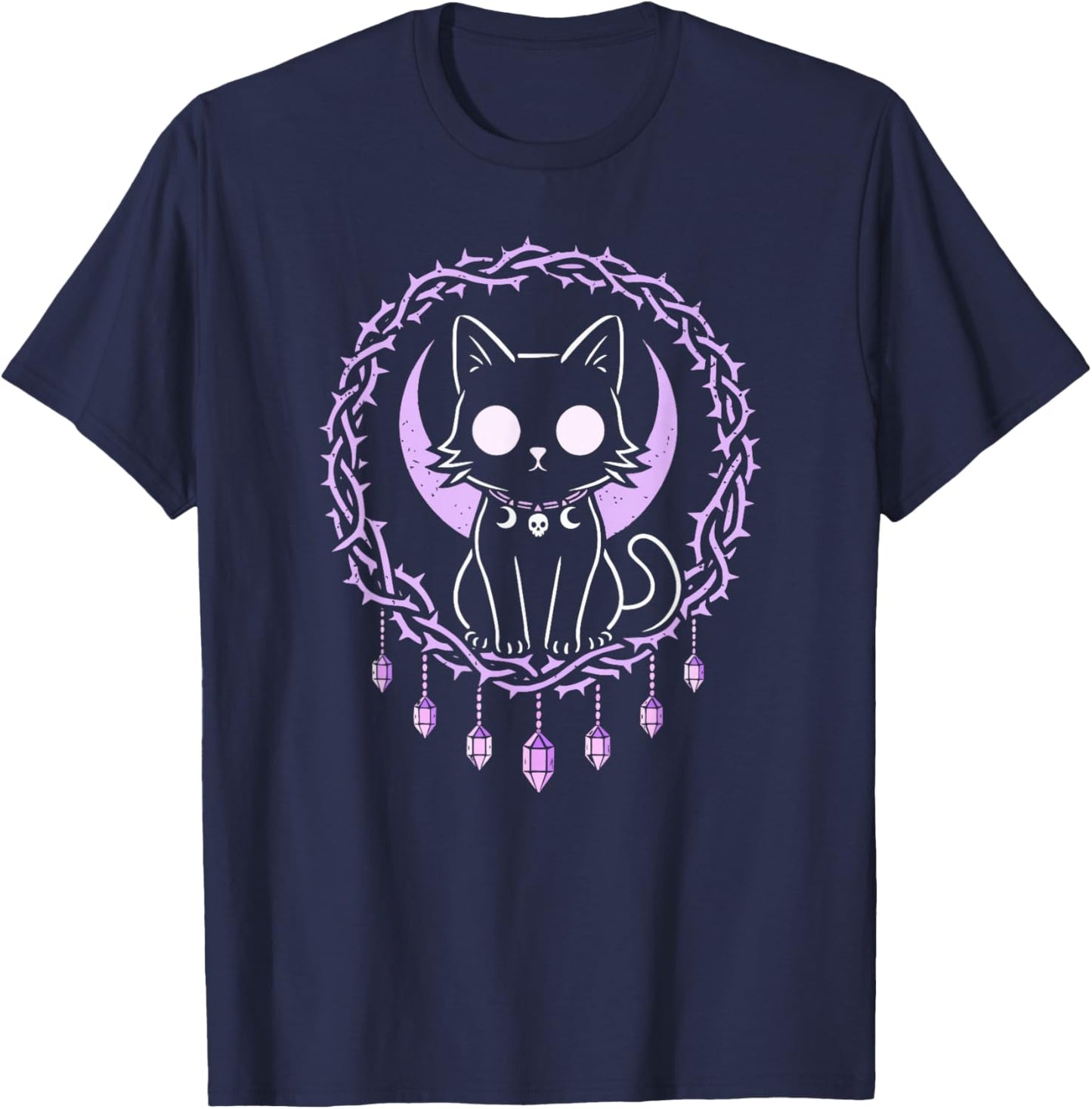 Cat Kitty Moon Creepy Cute Kawaii Pastel Goth Purple Crystal T-Shirt - T-Shirt | Navy