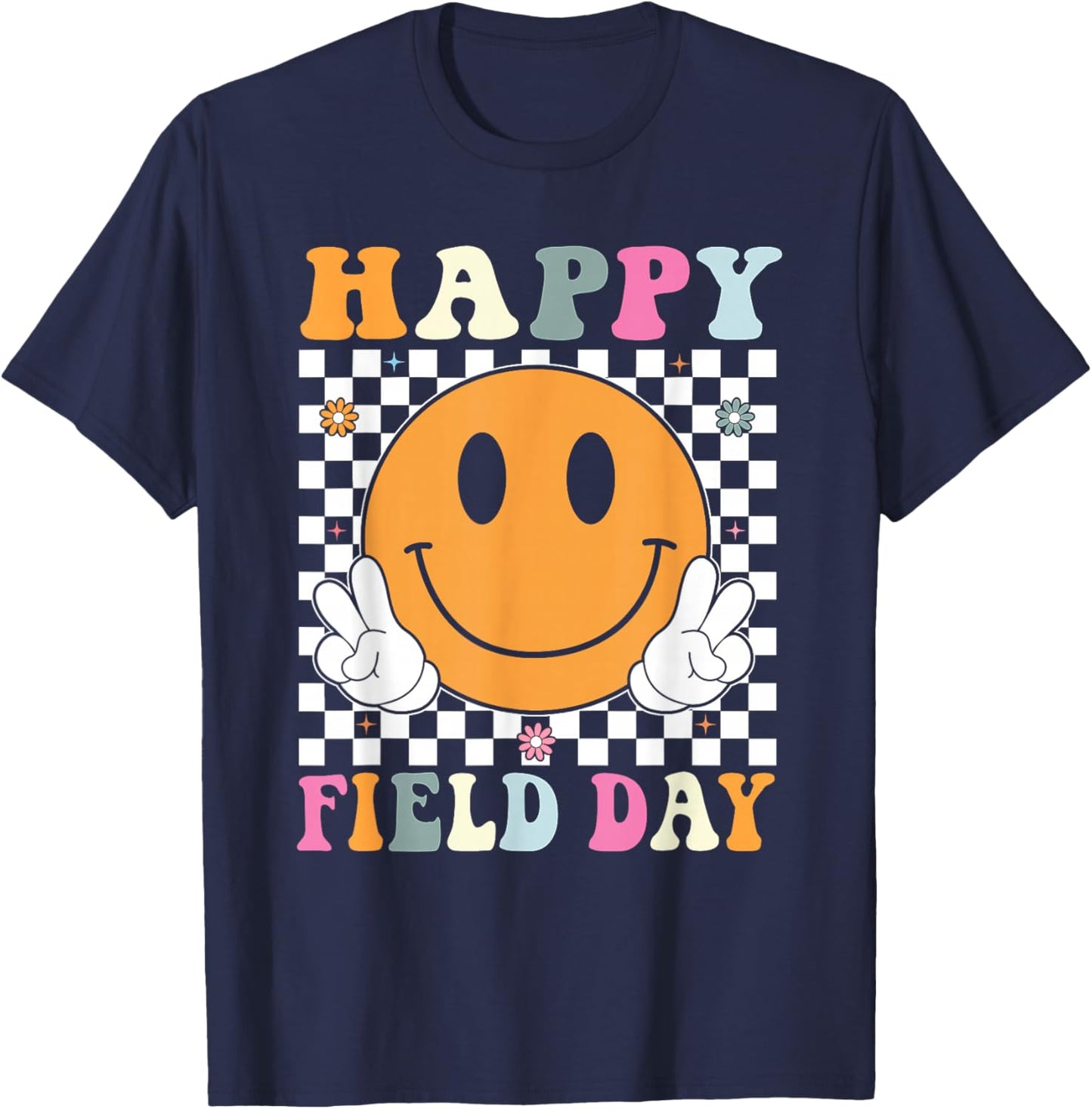 Happy Field Day Field Trip Retro Smile Face Teacher Kids T-Shirt - T-Shirt | Navy
