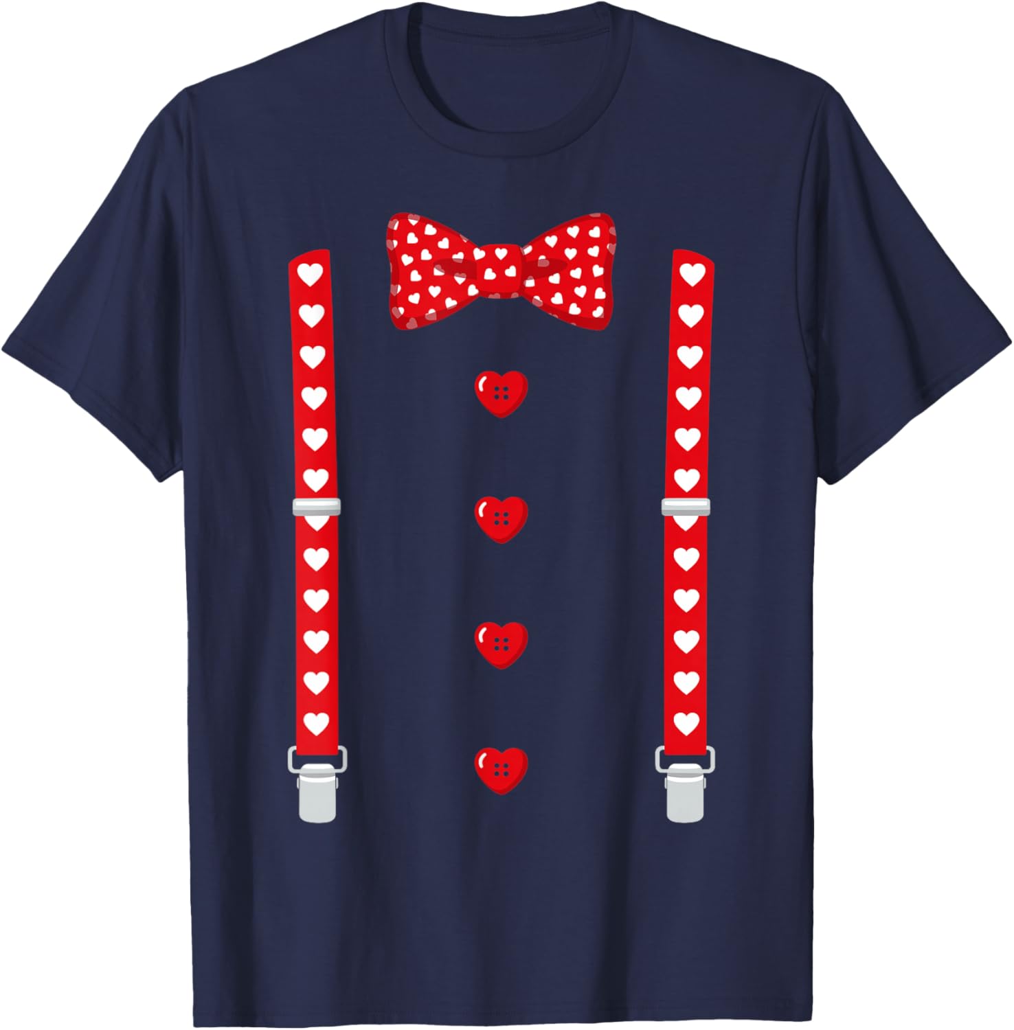 Red Hearts Bow Tie Suspenders Tuxedo Valentines Day Costume T-Shirt - T-Shirt | Navy